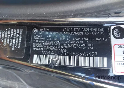 2005 BMW 645Ci из США, поврежденный, VIN WBAEK73445B325623